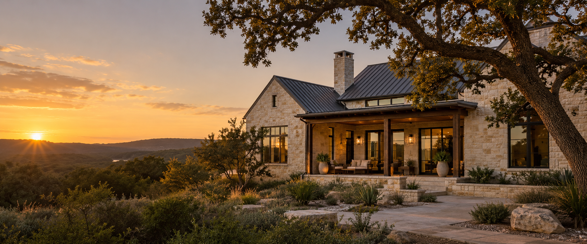 Warm limestone custom home overlooking the Texas Hill Country at sunset